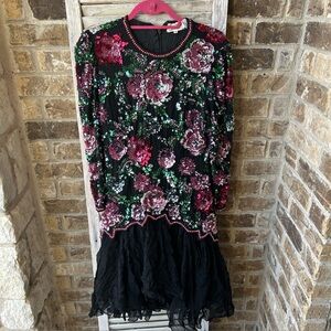 Vintage 80s  Women's Dress Black Floral Beaded Sequin Midi Gown Size 6 Black Tie